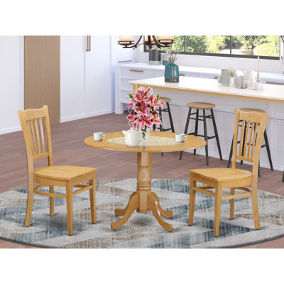 3 Piece Dining Room Table Set Contains a Round Kitchen Table with Dropleaf and 2 Dining Chairs, 42x42 Inch, Oak