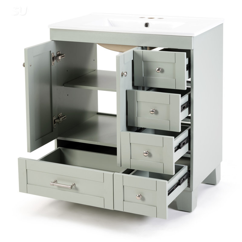 Meuble-lavabo bleu gris 30 po avec lavabo en céramique, tiroirs à fermeture en douceur et rangement multi-organisateur pour une utilisation efficace
