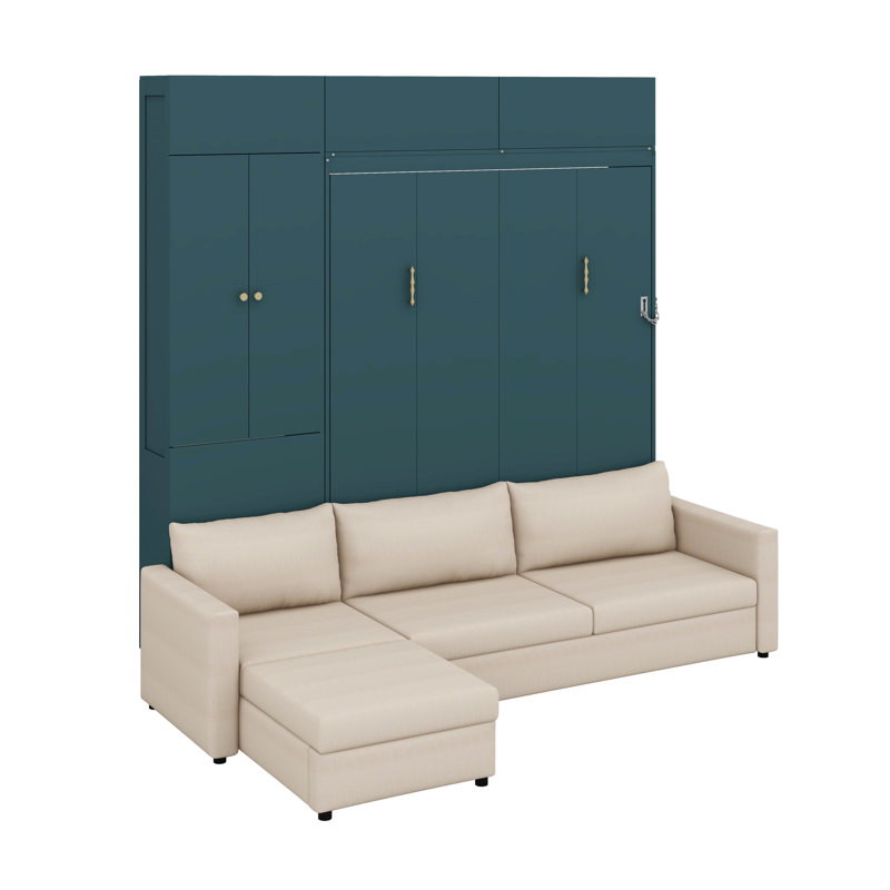 Grand lit escamotable avec canapé et tablettes, Vert / Beige
