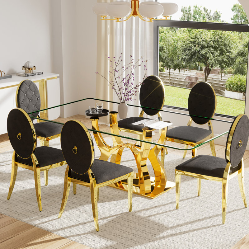 Ensemble de table de salle à manger rectangulaire en verre trempé avec chaise Luxtury, Noir, 7