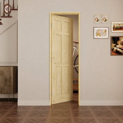 Porte intérieure à 6 panneaux en pin massif naturel de style colonial, pré-montée, avec kit de chambranle, joint d'étanchéité, charnières argentées et ouverture vers l'intérieur à gauche, non finie et à peindre, pour garde-manger, chambre, salle de bain, placard et salon, 61 cm x 203 cm