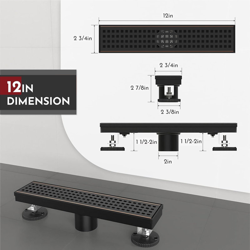 12-Inch Linear Shower Drain, Square Hole Pattern Grate, Oil Rubbed Bronze