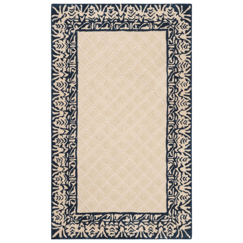 Navy and Beige Hand-Hooked Wool Area Rug 4' x 6'