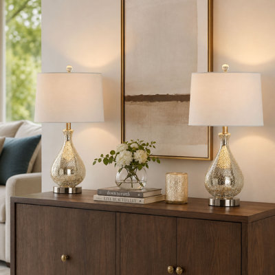 22.75" Handcrafted Clear Water Glass Table Lamps With White Linen Shades (Set of 2)