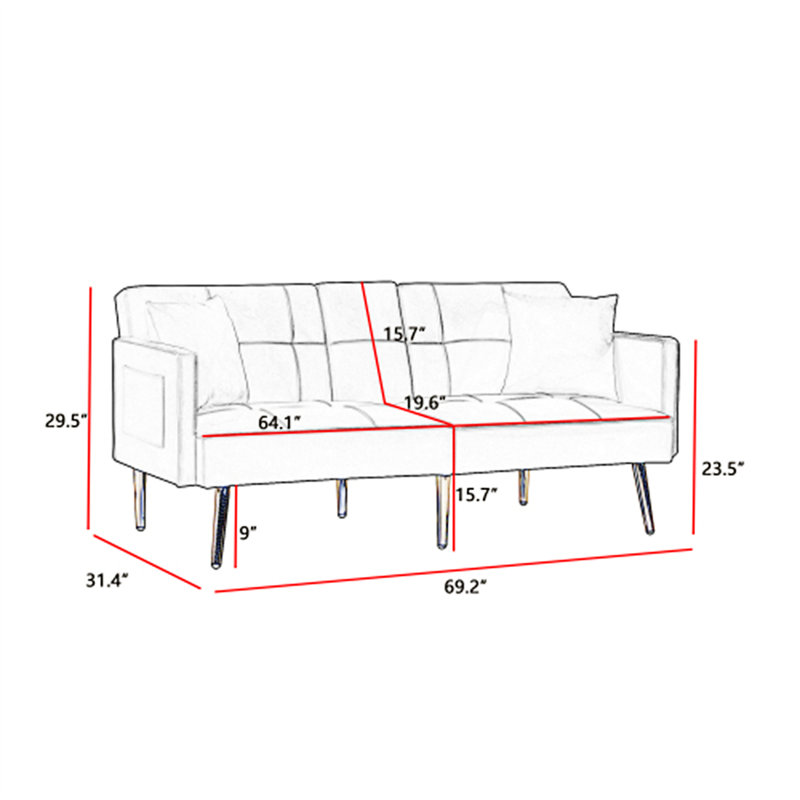 Canapé-lit à accoudoirs carrés 69,20 po Malesa, Velours blanc