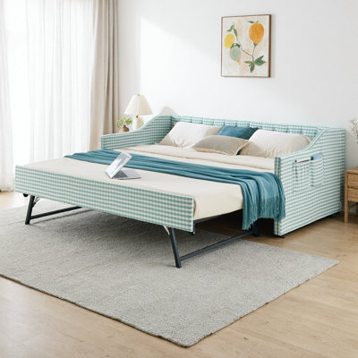 Lit de jour convertible 82 po simple rembourré avec dossier capitonné, lit gigogne escamotable, poches de rangement latérales, canapé-lit 3 en 1 pour petits appartements, chambres d'amis, chambres à coucher