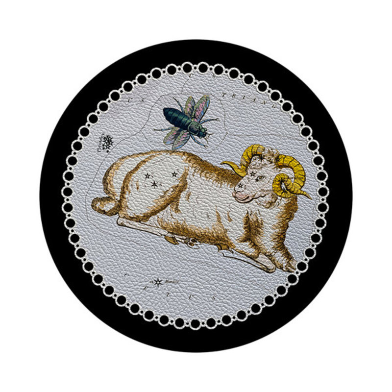 Zodiac Aries White Vegan Leather Round Coasters, Black