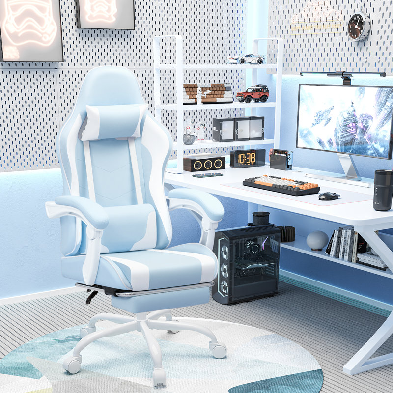 Adjustable Video Gaming Chair with Massage Swiveling PC & Racing Game Chair with Footrest, Sky Blue/White