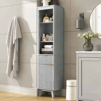Tall Storage Cabinet with Adjustable Shelves and Drawer, Fluted Design for Bathroom/Living Room