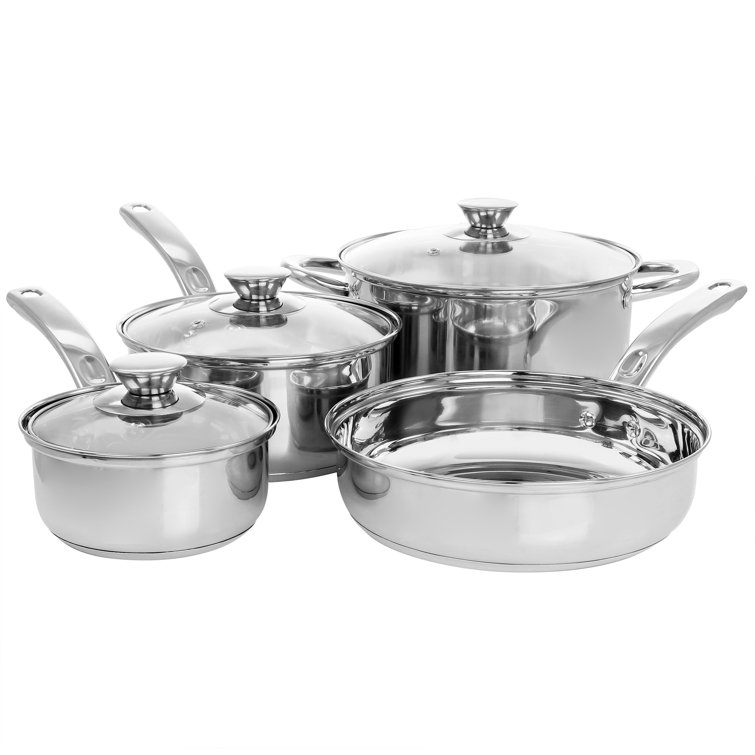 Gibson Home Abruzzo 12 Piece Stainless Steel Kitchen Pots Pans Cookware Set  with Lids and 3 Serving Utensils, Mirrored Silver Finish