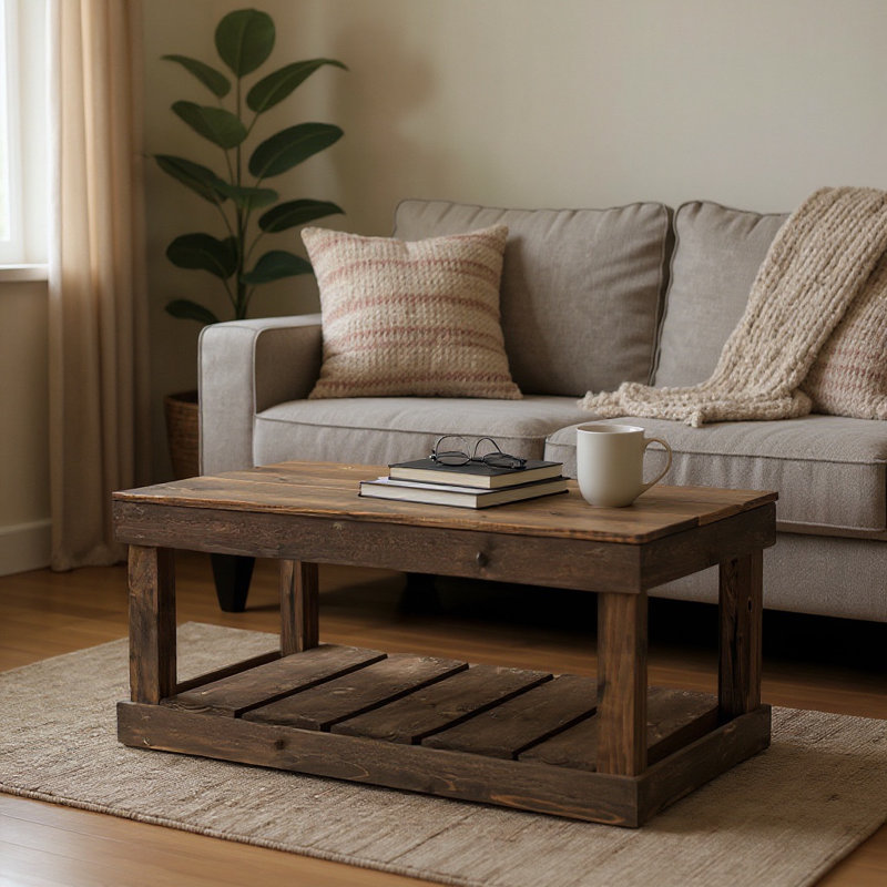 Table basse rustique fabriquée à la main avec tablette de plancher - bois massif, finition noyer foncé
