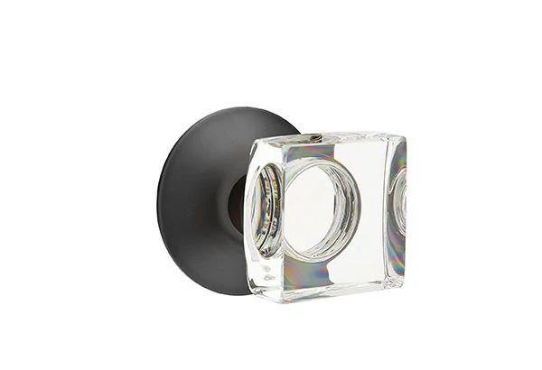 Ensemble de mortaise intérieure Emtek avec rosette moderne et bouton de verre carré moderne (droite)