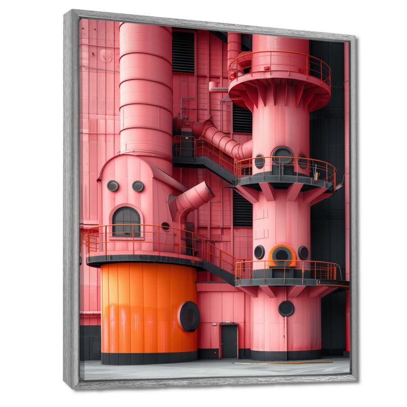 Art industriel mural rose, Incubateur noir rétro II - usines, Toile argentée avec cadre flottant