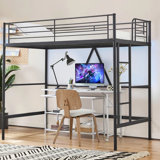 Metal Loft Bed Twin Size With Stairs Loft Bed Frame Safety Guard Rail Space-Saving