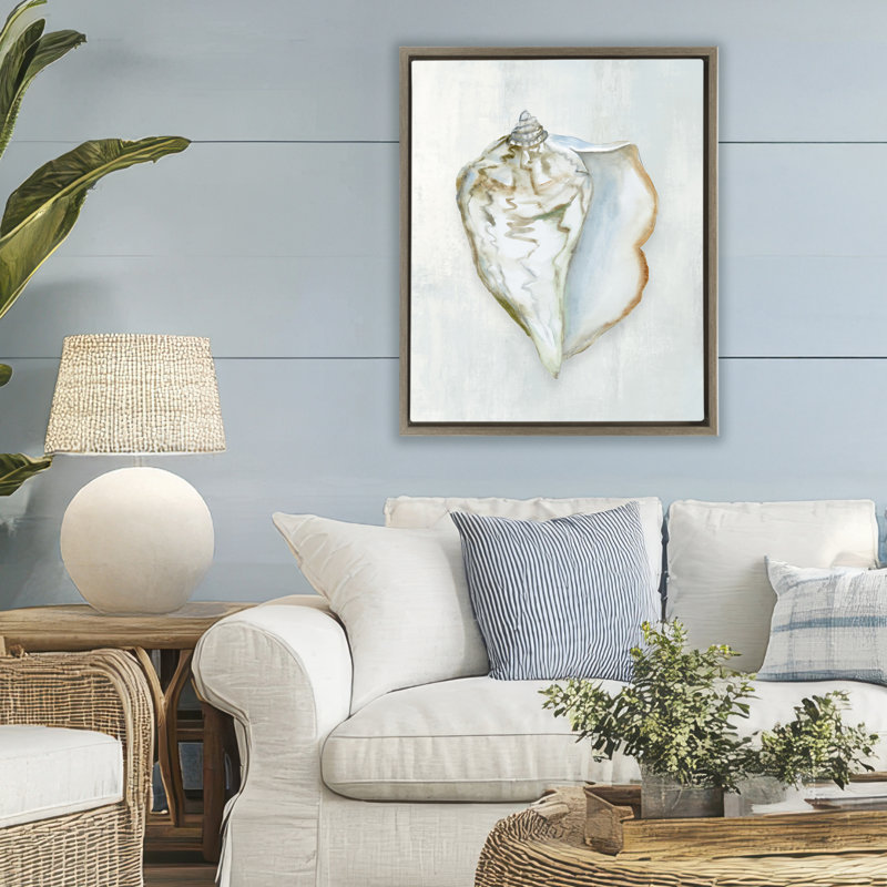 Muted Conch Shell Serenity Floating Frame, design by Hannah Dawson, 31" H x 25" W, Montalcino Elm Floater Frame