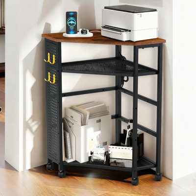 Erommy Corner Printer Stand Table With Power Outlet, 3-tier Corner Shelf With Metal Pegboard Panels With 4 Hooks, Adjustable Home Printer Stand With Wheels For Home Office, Rustic