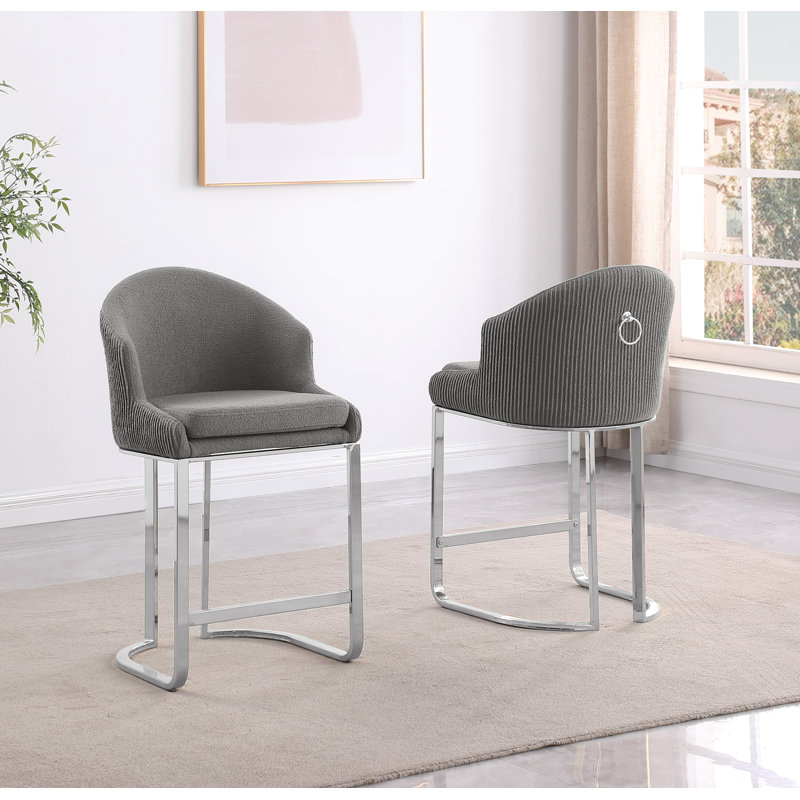 Tabourets de bar et de comptoir en tissu imitation fourrure avec dossier plissé, Gris, Argent argent
