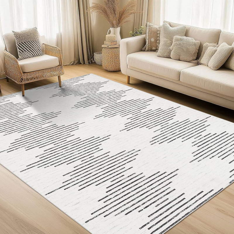 Tapis à rayures losanges lavables 5 x 7, tapis doux antidérapant pour le salon, la chambre à coucher, la chambre de bébé, le bureau, noir et blanc
