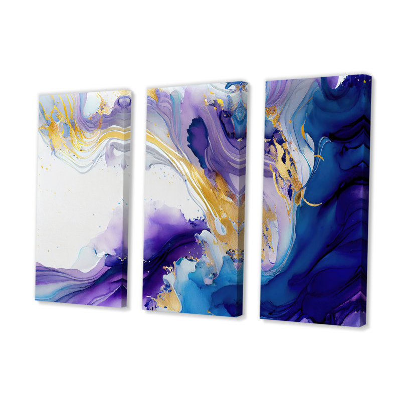 «Dheera Blue and Gold Splash II», reproduction sur toile 3 pièces, H 28 po x l 36 po x P 1 po, Toile tendue