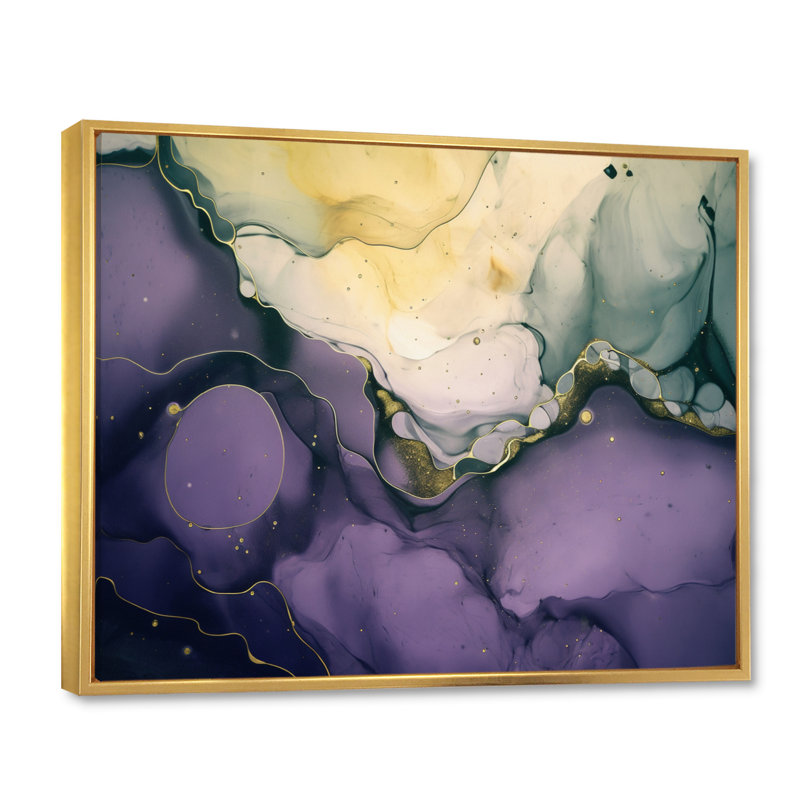 Encre de marbre mauve et grise mauve IV, reproduction sur toile, Cadre flottant doré, H 24 po x l 32 po x P 1 po