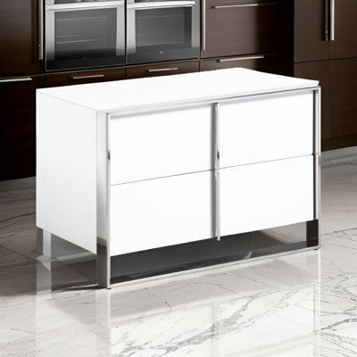 Table de chevet 28 po, blanc ultrabrillant, 2 tiroirs, poignées chromées élégantes