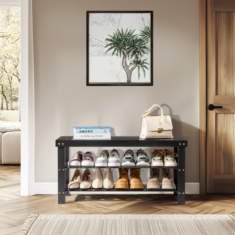 Babb Wood Shelves Storage Bench, Black