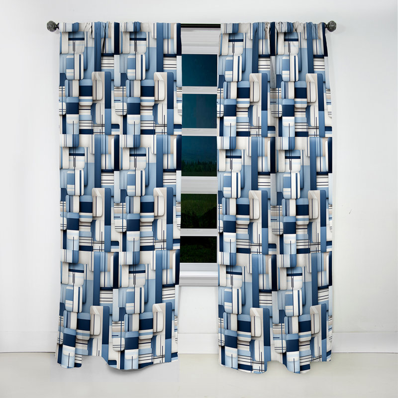 Blocs géométriques blancs et bleus Harmony - Rideau occultant géométrique abstrait - 1 panneau, L 52 po x L 120 po