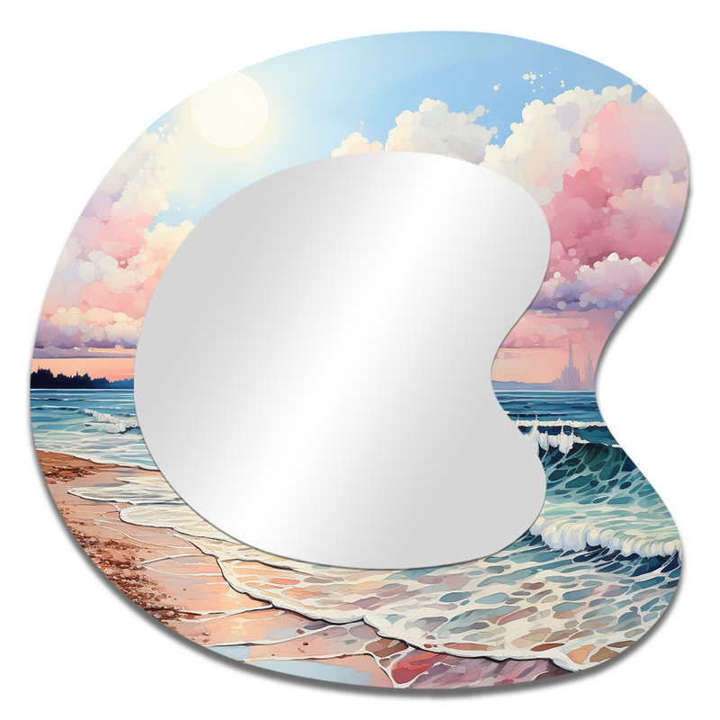 Brise de plage rose - décor d'art en métal sable de plage - miroir mural nautique irrégulier, 33 po x 33 po