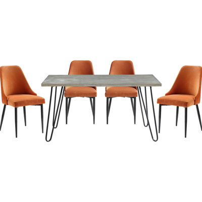 Élégante salle à manger 5 pièces - Table rectangulaire et 4 chaises d'appoint en velours orange, structure en métal, centre de table moderne pour
