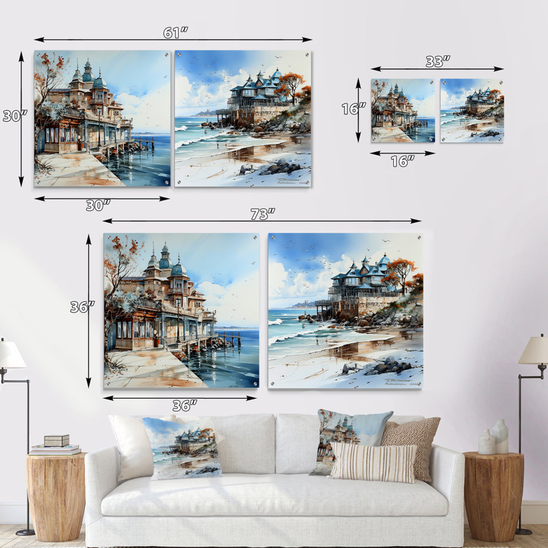 «Beach House Charm In Winter - Coastal Pier», ensemble de 2 peintures murales en acrylique, H 36 po x l 73 po