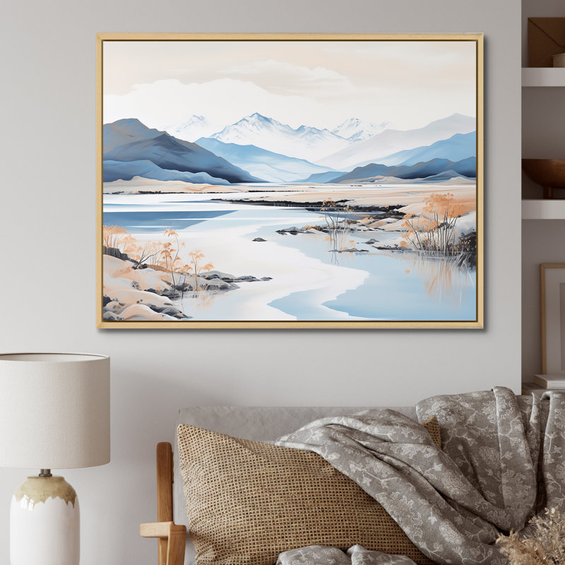 River River In Minimal Canada I - River Mountain Wall Art Living Room, Cadre naturel flottant, H 34 po x l 44 po x P 1,5 po