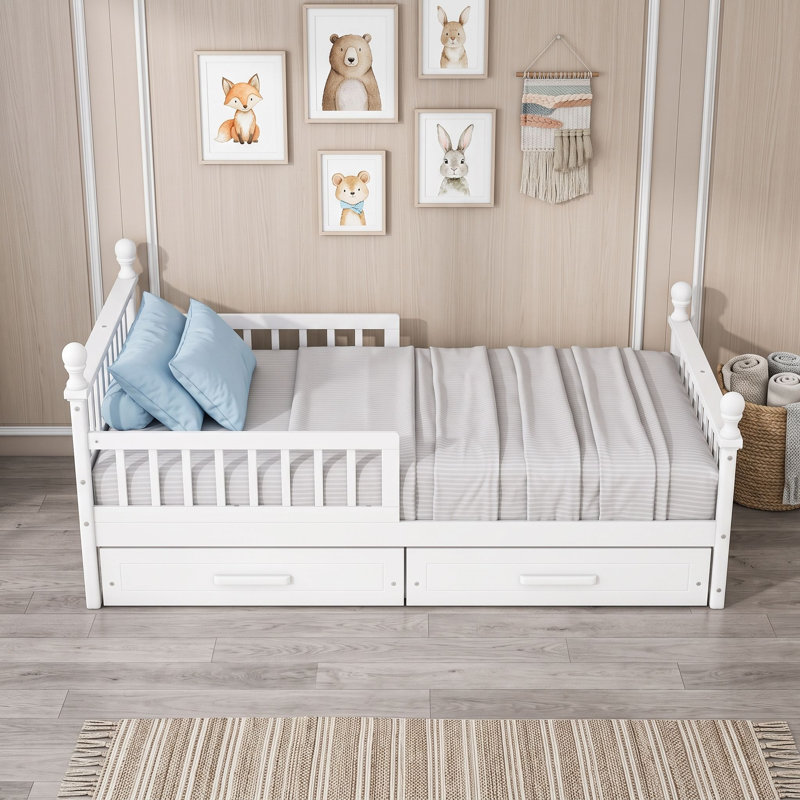 Lit plateforme en bois avec deux tiroirs de rangement sous le lit et des rails latéraux, Twin, White