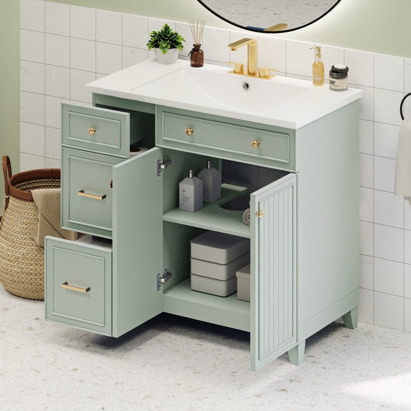 Meuble-lavabo avec lavabo en résine, armoire de salle de bain avec tablette de rangement réglable et portes à fermeture en douceur