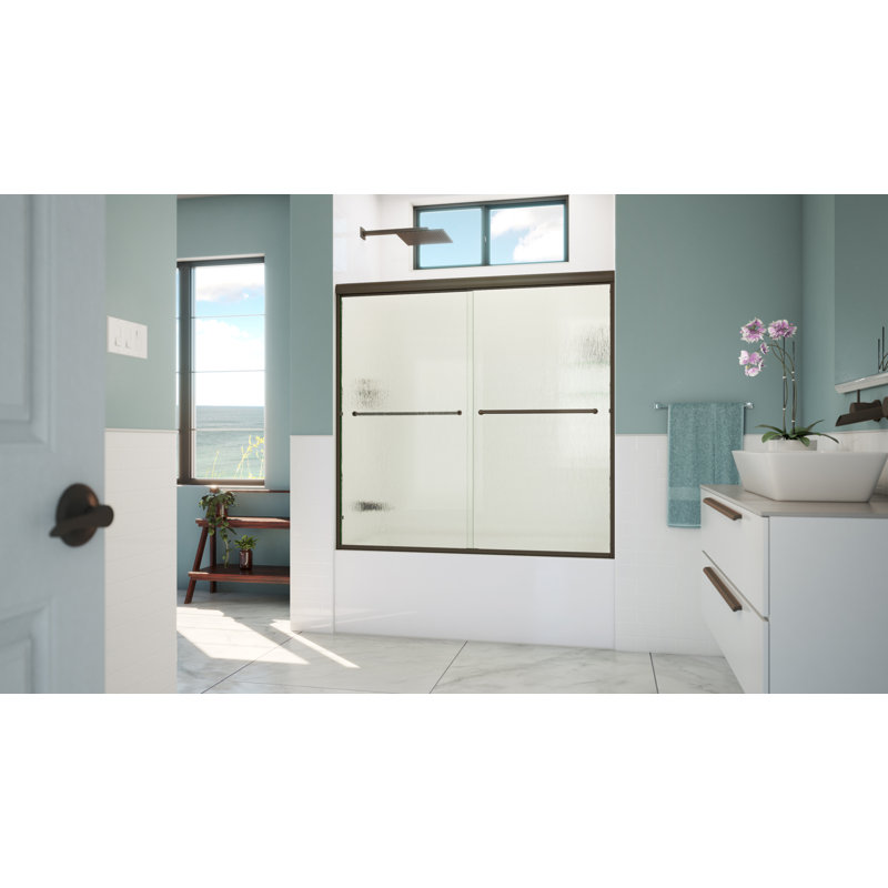 Leter 56" x 57.38" Bypass Frameless Tub Door, Anodized Oil Rubbed Bronze, Rain Glass
