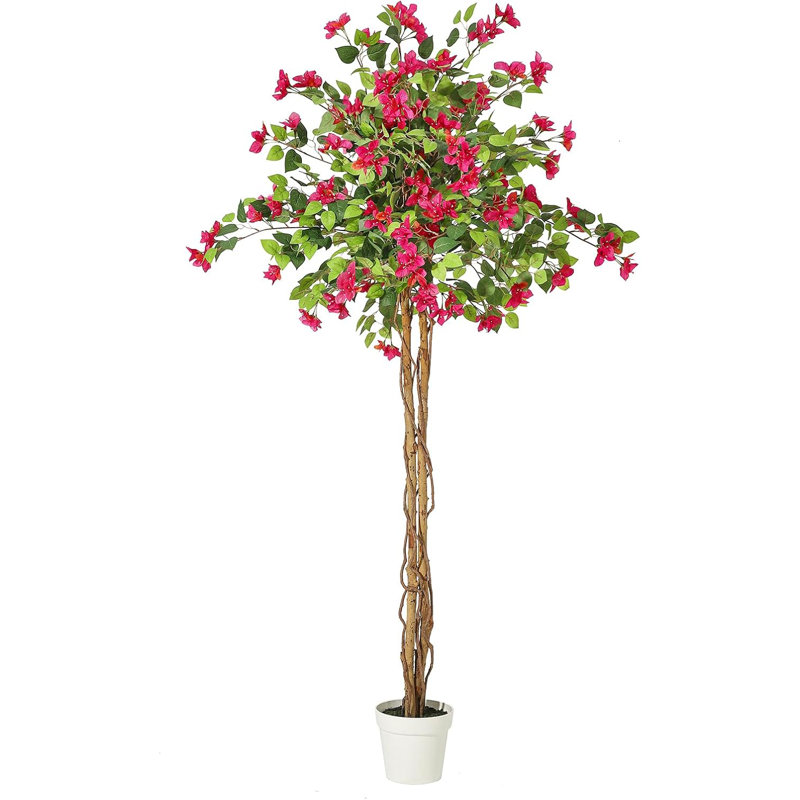 Artificial Bougainvillea Tree with White Pot, 70" H x 7.8" W x 7.8" D