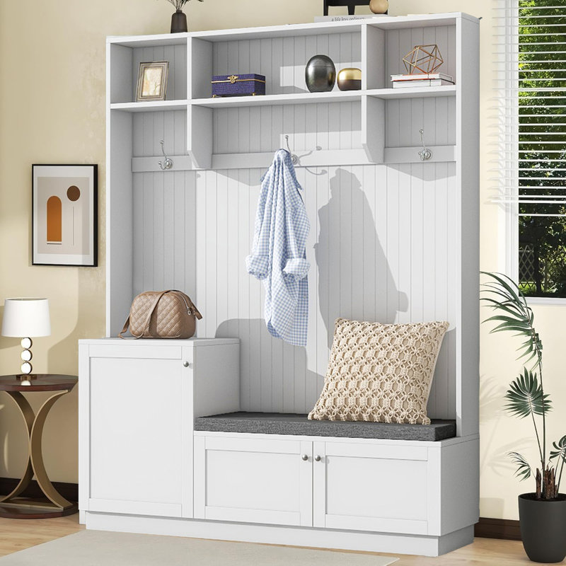 Ayham Hall Tree 59'' Wide with Bench and Shoe Storage, White