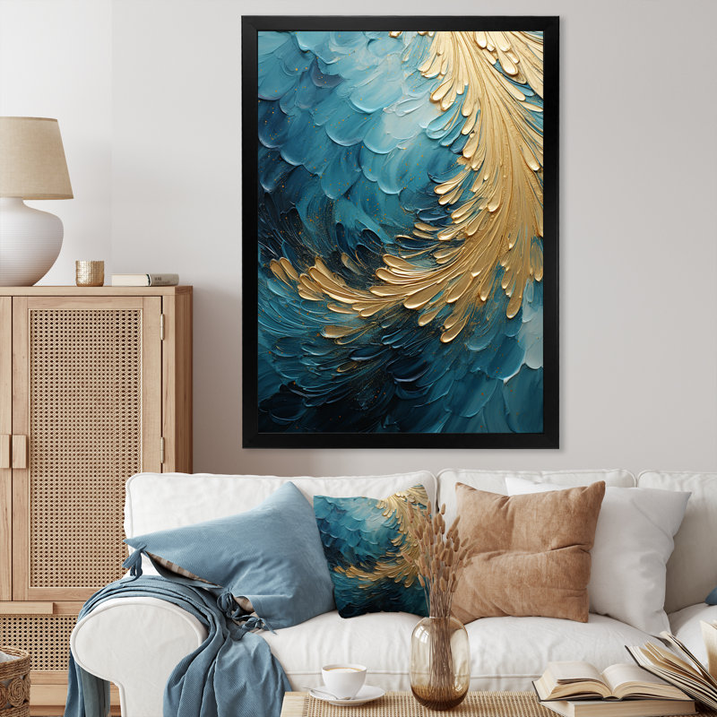 Gold Teal Ocean Spiral I - Abstract Spirals, reproduction sur toile encadrée, H 40 po x l 30 po x P 1,5 po, Cadre simple noir