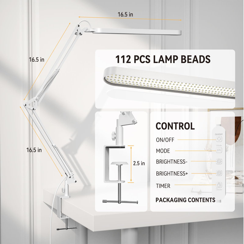 Lampe de bureau à DEL - lampe de bureau de 31,5 po - 5 modes de couleur x 11 niveaux de luminosité - bras pivotant réglable - fonction minuterie et mémoire - lampe d'étude de 12 W - blanc
