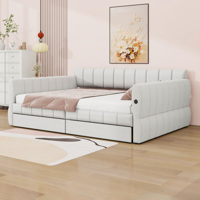 Queen Upholstered Daybed Bed with 2 Drawers and USB Ports