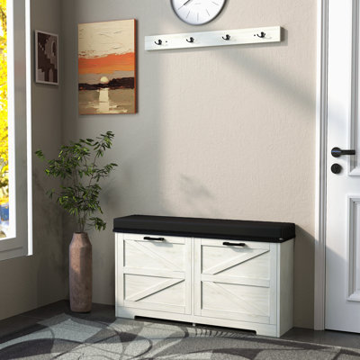 Banc de rangement pour chaussures Farmhouse avec portemanteau, banc à chaussures blanc antique avec 2 tiroirs rabattables réglables, arbre d'entrée avec coussin de siège rembourré et range-chaussures pour l'entrée, le couloir