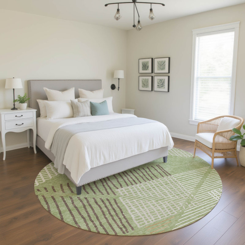 Premium Machine Washable Mayfield AMF2270 Striped Rug, Aloe, 8' Round