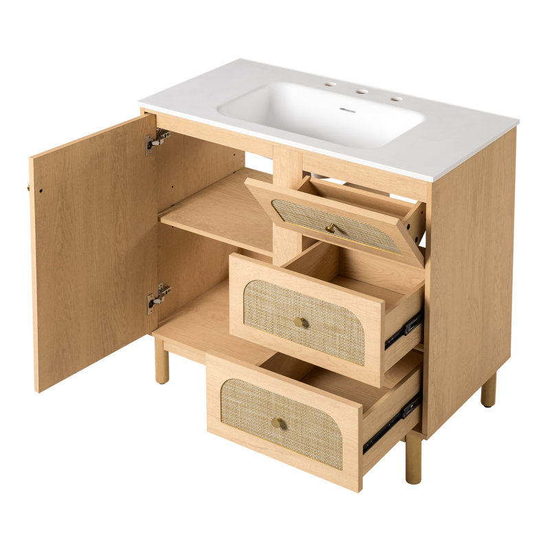 Meuble-lavabo moderne Driftwood de 91 cm de large avec lavabo en résine SMC, portes incrustées en rotin et rangements multizones pour une salle de bain digne d'un spa.