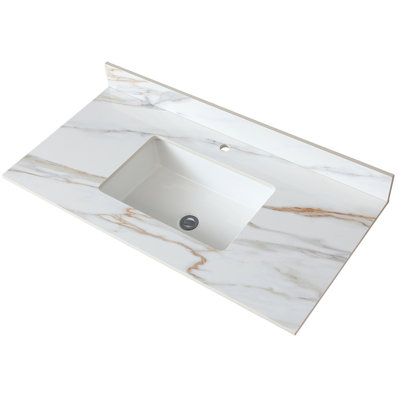 Dessus de meuble-lavabo de salle de bain 43 po - marbre blanc avec veines séduisantes, lavabo rectangulaire encastré, dosseret 4 po, trou de robinet pré-percé, convient aux armoires l 42 po x P 21 po Fascinant compatible 42 po x 21 po