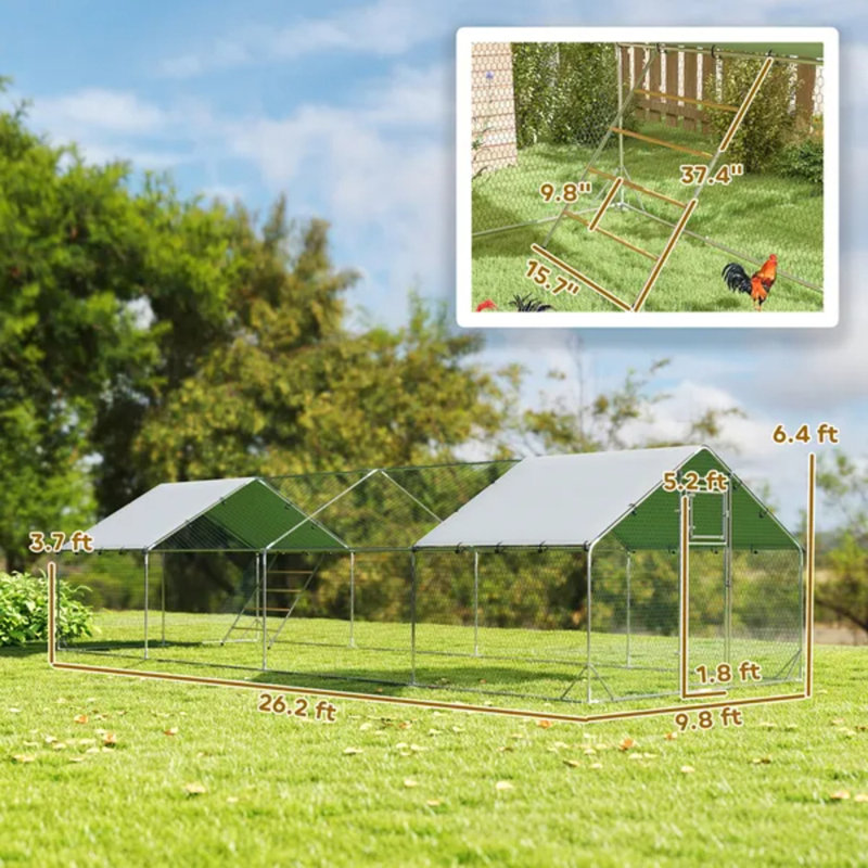 Grand poulailler en métal, poulailler extérieur 26 pi x 10 pi x 6,4 pi avec couvercle imperméable, porte d'alimentation, mangeoire suspendue et perchoir