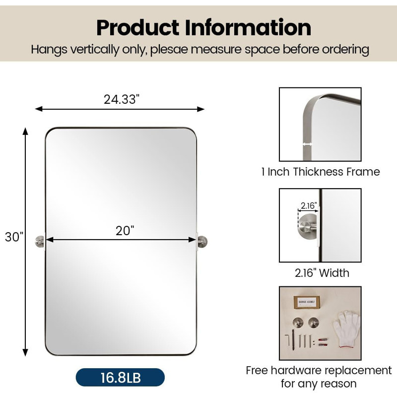 Modern Tilting Bathroom Vanity Wall Mirror | Stainless Steel Pivot Frame, Brushed Nickel, 30" x 20"
