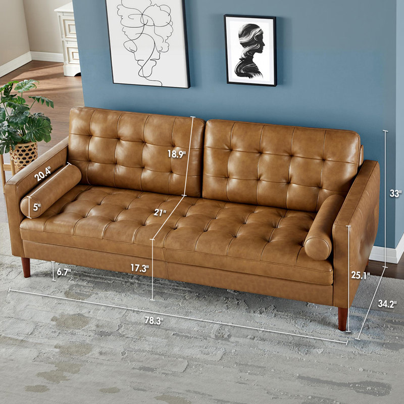 Mid-Century Modern Leather 3-Seater Sofa Couch, Leather Sofa for Living Room, Brown