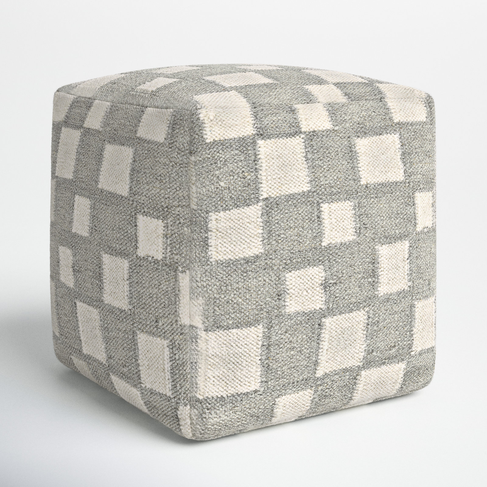 Gwennie Upholstered Pouf, Gray/White Wool/Cotton Blend