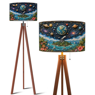  Tripod Standing Lamp Colorful Tropical Island Volcanic Mountain Cosmic Space Elements Remote Controlled Dimmable LED Floor Lamp with Beech Wood Legs & Detachable Linen Shade for Farmhouse Apartment Living Room and Bedroom