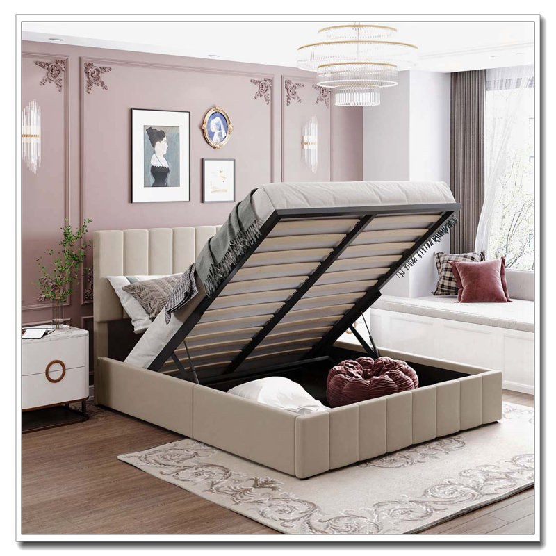 Lit plateforme tapissier avec système de rangement hydraulique, Beige, Grand lit