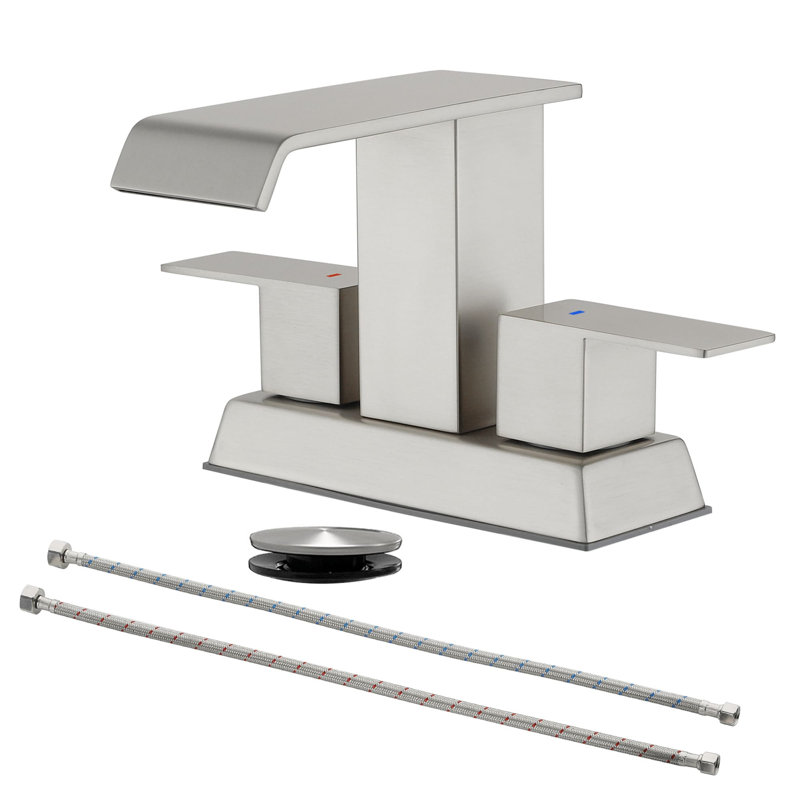 4-Inch Centerset Bathroom Faucet With Pop-Up Drain 3 Hole Waterfall Bathroom Sink Faucets Modern Stainless Steel Double Handle Bathroom Vanity Taps